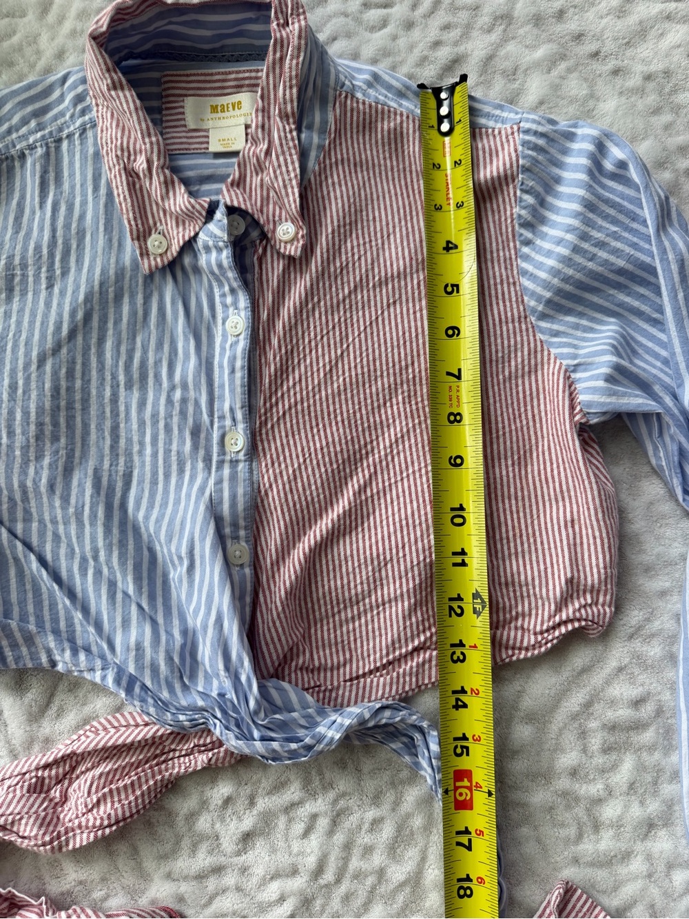 Maeve Two-Tone Striped Wrap Button-Down Shirt - Red & Light Blue Size S - Picture 7 of 10